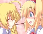  ^_^ alice_margatroid blonde_hair blue_eyes blush braid closed_eyes food from_side hairband kirisame_marisa mouth_hold multiple_girls nirap open_mouth pocky sharing_food single_braid sweatdrop touhou yuri 