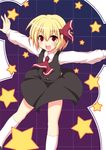  :d ascot blonde_hair cross_(crossryou) dress_shirt fang hair_ribbon highres kneehighs open_mouth outstretched_arms red_eyes ribbon rumia shirt short_hair skirt skirt_set smile solo spread_arms star touhou vest white_legwear 
