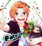  bad_id bad_pixiv_id black_hair blue_eyes bouquet caster_(fate/zero) character_name chibi confetti copyright_name fate/zero fate_(series) flower grey_hair head_wreath logo male_focus miniboy multiple_boys orange_hair senmen_kinuko uryuu_ryuunosuke v 