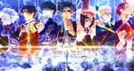  black_hair book brown_hair chain command_spell copyright_name die emiya_kiritsugu excalibur fate/zero fate_(series) gae_buidhe gae_dearg hand_on_another's_face hand_on_hilt highres kayneth_el-melloi_archibald kotomine_kirei logo male_focus mask matou_kariya multiple_boys polearm spear sword toosaka_tokiomi uryuu_ryuunosuke vambraces waver_velvet weapon 