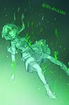  aura bad_id bad_pixiv_id bare_legs boots crack floating glowing glowing_eyes green green_eyes highres looking_at_viewer mizuhashi_parsee monochrome pointy_ears rex_k scarf severed_hand short_hair skirt solo text_focus touhou translated 