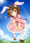  animal_ears bad_id bad_pixiv_id bobby_socks bracelet brown_hair bug bunny_ears butterfly dress hair_ribbon inaba_tewi insect jewelry mary_janes red_eyes ribbon shoes short_hair socks solo touhou wataame27 