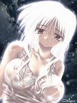  black_eyes breasts copyright_request dark_skin glowing glowing_hair large_breasts light_particles night nipples purple_eyes resizing_artifacts see-through shiny shiny_clothes sleeveless smile solo washimi_tsutomu white_hair 