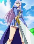  annelotte blue_dress dress female highres long_hair queen&#039;s_blade queen&#039;s_blade_rebellion queen's_blade queen's_blade_rebellion solo standing stitched sword weapon 