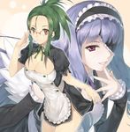  breasts brown_eyes cleavage dream_c_club dream_c_club_(series) eyepatch frills glasses green_hair keg large_breasts lips long_hair maid_headdress mari_(dream_c_club) mio_(dream_c_club) multiple_girls ponytail purple_eyes purple_hair ribbon skirt skirt_lift smile 