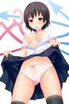  alcohol_(coldfront) bad_id bad_pixiv_id black_hair black_legwear blush breasts cameltoe condom condom_in_mouth dress_shirt houjuu_nue medium_breasts midriff mouth_hold navel nipples no_bra open_clothes open_shirt panties red_eyes shirt short_hair skirt skirt_lift solo thighhighs touhou underwear white_panties wings 