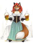  alcohol beer beverage blue_eyes canine choker corset dress dustmeat ear_piercing female fireplace fox glass hair mammal megan_giles open_mouth piercing red_hair smile solo standing 