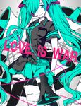  :q bad_id bad_pixiv_id gloves green_eyes green_hair hair_over_one_eye hatsune_miku headset koi_wa_sensou_(vocaloid) komine long_hair megaphone necktie skirt smile solo thighhighs tongue tongue_out torn_clothes torn_legwear twintails very_long_hair vocaloid 