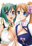  aquarion_(series) aquarion_evol asymmetrical_docking blue_eyes bow breast_press breasts brown_hair cleavage cleavage_cutout green_hair hair_bow holding_hands huge_breasts long_hair mix_(aquarion) multicolored_hair multiple_girls purple_eyes purple_hair short_hair side_ponytail simple_background smile two-tone_hair unagimaru white_background zessica_wong 