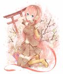  bad_id bad_pixiv_id bare_shoulders blue_eyes boots detached_sleeves headphones long_hair megurine_luka mikanniro petals pink_hair skirt solo thighhighs torii vocaloid wind 
