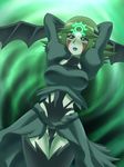  1girl arms_over_head awa bat_wings blush breasts dress duel_monster facial_mark fortune_ladies fortune_lady fortune_lady_wind green_eyes green_hair pointy_ears short_hair wings yu-gi-oh! yuu-gi-ou_duel_monsters 