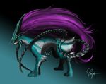  gen_2_pokemon long_hair mane multiple_tails neon_trim no_humans pokemon pokemon_(creature) pokemon_(game) pokemon_gsc purple_hair realistic red_eyes signature solo suicune tail tominaga very_long_hair 