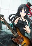  akiyama_mio bass_guitar black_hair don't_say_&quot;lazy&quot; dress fingerless_gloves gloves hat instrument k-on! long_hair mini_hat mini_top_hat pepsimen solo top_hat 