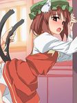  against_wall animal_ears bad_id bad_pixiv_id blush brown_hair cat_ears cat_tail chen hat indoors kitchen multiple_tails nekomata open_mouth red_eyes short_hair solo tail tail_fondling tonbi touhou 