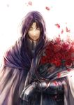  armor berserker_(fate/zero) bouquet cape closed_eyes fate/zero fate_(series) flower highres kzcjimmy lancelot_(fate/zero) long_hair male_focus petals purple_hair rose signature solo 