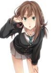  brown_hair cardigan collarbone hair_tucking hand_on_leg idolmaster idolmaster_cinderella_girls jewelry leaning_forward long_hair necklace necktie open_mouth pleated_skirt puchi_(nicovideo3971472) school_uniform shibuya_rin simple_background skirt solo white_background 