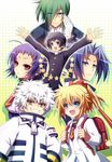  4boys backpack bag black_hair blonde_hair blue_eyes blue_hair chougasaki_gagamaru gloves green_hair hitoyoshi_hitomi kumagawa_misogi medaka_box monocle multiple_boys multiple_girls munakata_kei naze_youka ponytail red_eyes ribbon school_uniform soritari star unzen_myouri white_hair yellow_eyes 