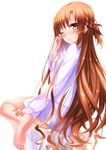  asuna_(sao) bad_id bad_pixiv_id barefoot blush braid brown_eyes brown_hair feet hand_on_own_face highres long_hair looking_back naked_shirt one_eye_closed open_mouth panties reflective_floor see-through see-through_silhouette shirt simple_background sitting soles solo sword_art_online swordsouls tears toes underwear wariza white_background 