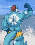  back_turned biceps big_muscles blue_fur brown_hair butt clamcrusher flexing fur gloves_(marking) hair male mammal markings muscles mustelid otter outside sea short_hair solo speedo standing swimsuit topless unknown_artist water whiskers 