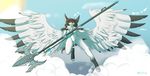  breasts cloud feathers female hair horn hybrid looking_at_viewer nude polearm pussy red_eyes sky staff tomoyokinomoto weapon wings 