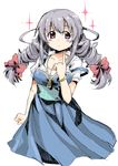  blush bow braid breasts dress grey_hair hair_bow idolmaster idolmaster_cinderella_girls jewelry long_hair medium_breasts necklace omega.ep purple_eyes sakakibara_satomi solo strap_slip twin_braids 