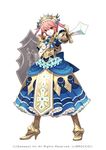  aquarian_age armor bow dress flower miogrobin open_mouth pink_hair shield solo sword twintails weapon yellow_eyes 