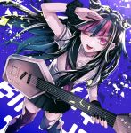  1girl :p asymmetrical_legwear black_hair black_nails black_sailor_collar black_scrunchie black_skirt blue_background blue_legwear chin_piercing danganronpa ear_piercing floating_hair highlights holding holding_instrument instrument long_hair looking_at_viewer miniskirt mioda_ibuki multicolored_hair nail_polish neckerchief piercing pleated_skirt purple_eyes purple_legwear purple_neckwear sailor_collar school_uniform scrunchie serafuku shirt short_sleeves skirt solo standing super_danganronpa_2 thighhighs tied_hair tongue tongue_out torn_clothes torn_legwear twitter_username very_long_hair white_shirt wrist_scrunchie z-epto_(chat-noir86) 