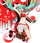  aqua_eyes aqua_hair asymmetrical_clothes cola_miku elbow_gloves fingerless_gloves gloves hatsune_miku highres jumping keishi long_hair looking_at_viewer midriff navel open_mouth single_thighhigh smile solo thighhighs twintails very_long_hair vocaloid 