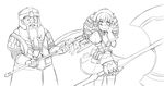  1girl armor axe battle_axe beard blush chainmail crossover dress dwarf earrings facial_hair flat_chest gift gimli gloves greyscale helmet highres jewelry kekekeke lineart lord_of_the_rings monochrome queen's_blade ribbon ringlets thighhighs weapon weapon_connection ymir_(queen's_blade) 