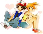  1girl bad_id bad_pixiv_id black_hair brown_eyes denim green_eyes hat heart jacket kasumi_(pokemon) mochi730 orange_hair pokemon pokemon_(anime) pokemon_(classic_anime) satoshi_(pokemon) shoes short_hair shorts side_ponytail simple_background sneakers suspenders v 