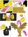  anthro anthrofied avian beak blood breasts camera cockatrice_(mlp) comic cosplay eye_liner eyeliner female friendship_is_magic gilda_(mlp) gryphon knife lipstick my_little_pony nipples nude parody piercing pinkie_pie_(mlp) plain_background pose solo tattoo terror tongue what white_background wings 