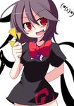  ahoge arm_behind_back asymmetrical_wings black_hair bow dress emoticon fang fig_sign houjuu_nue okumari open_mouth red_eyes smile solo touhou wings 