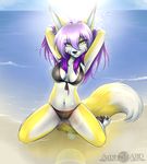  anthro beach bikini breasts canine cleavage clothed clothing daytime female fox hair kneeling long_hair looking_at_viewer mammal pawpads pinup pose purple_hair seaside seductive skimpy smile solo sonia swimsuit yellow_eyes 