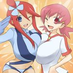  akane_(pokemon) blue_eyes breast_press breasts commentary_request fuuro_(pokemon) gloves gym_leader hair_ornament huge_breasts midriff multiple_girls navel one_eye_closed open_mouth oro_(zetsubou_girl) pink_eyes pink_hair pokemon pokemon_(game) pokemon_bw pokemon_hgss red_hair smile symmetrical_docking twintails 