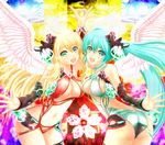  aqua_hair ass baunzel blonde_hair breasts cleavage green_eyes hatsune_miku highres hoshii_miki idolmaster idolmaster_(classic) leaning_forward long_hair medium_breasts midriff multiple_girls navel open_mouth smile swimsuit symmetrical_hand_pose symmetry twintails very_long_hair vocaloid wings 