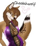  abitfur4u breasts brown_eyes brown_hair canine cheetahwolf cleavage clothed clothing english_text female hair latex mammal plain_background purple purple_clothing rubber solo text white_background wolf 