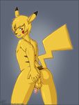  amber_eyes anthro anus balls black_nose blonde_hair brown butt cartoon cute ear_markings erection facial_markings fur grey_background grin hair humanoid_penis looking_at_viewer looking_back male markings masturbation nails nintendo nipples nude penis pikachu pinup plain_background pok&#233;mon pok&#233;morph pok&eacute;mon pok&eacute;morph pose presenting presenting_hindquarters rapps red red_markings short_hair smile solo standing stripes teasing teeth thighs video_games yellow yellow_fur 