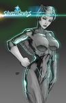  2011 bodysuit breasts copyright_name cyborg graphite_(medium) hand_on_hip highres john_amor large_breasts lips logo science_fiction shiny shiny_clothes short_hair silverhawks sketch slender_waist solo steelheart traditional_media wings 