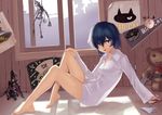  barefoot bed black_eyes blue_hair bottomless hair_over_one_eye highres indoors legs majicjiang naked_shirt nazo_no_kanojo_x saliva saliva_trail shirt short_hair sitting solo urabe_mikoto window 