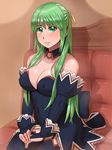  angel_mort bangs bare_shoulders blue_legwear bow breasts bridal_gauntlets cleavage couch covered_navel covered_nipples detached_collar dress garter_straps green_eyes green_hair hair_ribbon half_updo hands_together higurashi_no_naku_koro_ni indoors lace lace-trimmed_dress large_breasts long_hair looking_at_viewer one_side_up own_hands_together parted_lips ponytail ribbon shadow short_dress sidelocks sitting smile solo sonozaki_shion thighhighs waitress zenkou zettai_ryouiki 