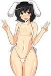  1girl animal_ears bare_shoulders bikini black_hair blush breasts bunny_ears cameltoe double_v drooling erect_nipples eyes female flat_chest g-string highleg hips inaba_tewi micro_bikini musuka_(muska) navel nipple_slip nipples open_mouth pussy pussy_juice red_eyes ringed_eyes saliva see-through short_hair side-tie_bikini simple_background solo standing string_bikini sweat swimsuit thong touhou v wardrobe_malfunction white_background white_bikini white_swimsuit wide_hips 