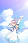  1girl arm_up armpits blue_hairband blue_legwear blue_ribbon blue_sailor_collar blue_sky cloud day dress elbow_gloves gloves green_eyes hair_ribbon hairband kanonno_earhart looking_at_viewer mishiro_(andante) neck_ribbon one_side_up outdoors pink_hair ribbon sailor_collar short_dress short_hair sky sleeveless sleeveless_dress solo standing tales_of_(series) tales_of_the_world_radiant_mythology_2 thighhighs white_dress white_gloves 