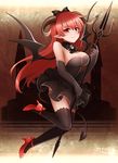  bad_id bad_pixiv_id bare_shoulders black_dress black_legwear blush breasts building castle cleavage demon_girl demon_tail demon_wings detached_collar dress hair_ribbon high_heels horns legs_folded long_hair mtyy original polearm red_eyes red_hair ribbon shoes short_dress skirt skull small_breasts smile solo tail thighhighs trident weapon wings 