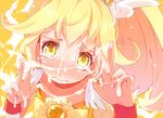 blonde_hair blush bow cum cum_on_body cum_on_upper_body cum_string cure_peace double_v eyelashes facial hair_flaps hato_haru kise_yayoi magical_girl precure smile_precure! solo tears v yellow yellow_bow yellow_eyes 