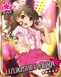  :d bow brown_eyes brown_hair card_(medium) card_parody character_name cinderella_girls_card_parody flower flower_(symbol) hair_bow half_updo idolmaster idolmaster_cinderella_girls long_hair makako_(yume_bouei_shoujo_tai) microphone one_side_up open_mouth outstretched_hand parody pink_check_school shimamura_uzuki skirt smile solo star 