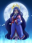  awa barefoot blue_hair bow facial_mark fan feet green_eyes hair_ornament japanese_clothes kyouran_kazoku_nikki long_hair midarezaki_gekka moon night petals robe smile very_long_hair 