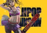 1girl belt blonde_hair blood blue_eyes candy chainsaw cheerleader clothes_writing crop_top david_semsei food grin heart juliet_starling lollipop lollipop_chainsaw midriff navel nick_carlyle severed_head smile thighhighs twintails wristband 