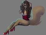  bottomless breasts clothed clothing female grey_background hair_over_eye half-dressed high_heels looking_at_viewer mammal meruserotica nipples plain_background rodent seductive sitting skimpy solo squirrel topless 