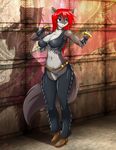  big_breasts blue_eyes blush boots brass_knuckles breasts canine choker cleavage clothed clothing female fluffy_tail graffiti hair jessica_elwood luka_cross mammal red_hair standing thong wolf 