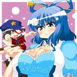  2girls akasode_(tyaramu) black_hair blue_eyes blue_hair breasts chyaramu cleavage female hair_ornament huge_breasts kaku_seiga miyako_yoshika multiple_girls outstretched_arms seiga_kaku short_hair touhou zombie_pose 